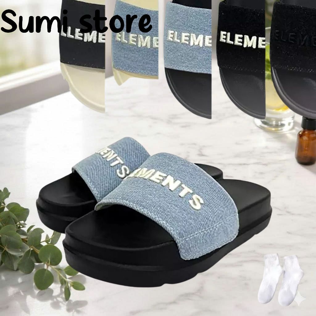 Dép Elements Classic Denim unisex chữ thêu.Dép Elements vải jean đế bằng nam nữ-Elements
