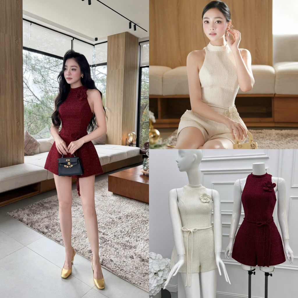 [Sẵn - Hoả Tốc] Jumpsuit short cổ yếm hoa buộc eo dạ đỏ tết tiểu thư dễ thuong