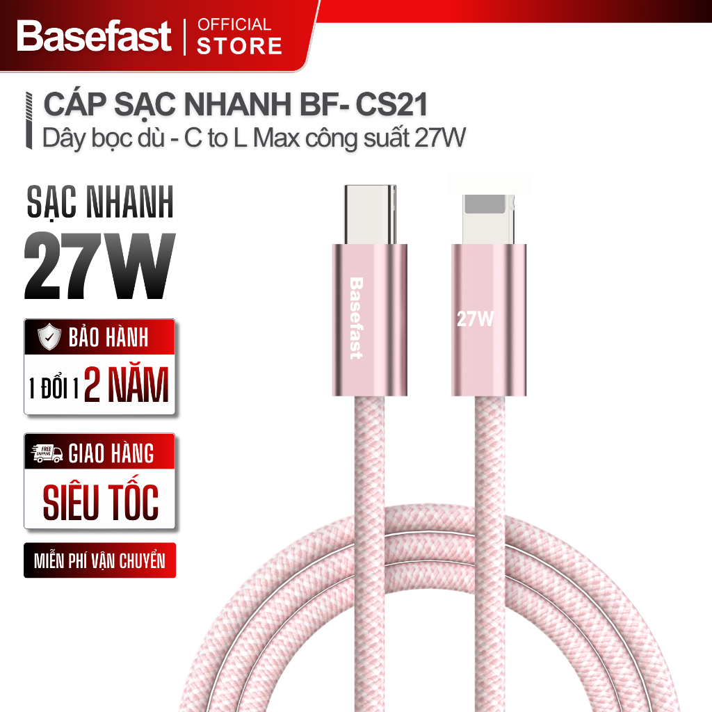 Cáp sạc nhanh 20W Basefast dùng cho Phone 14 13 12 11 Xsm Xr dây dù PD27w siêu bền dài 1m 2m