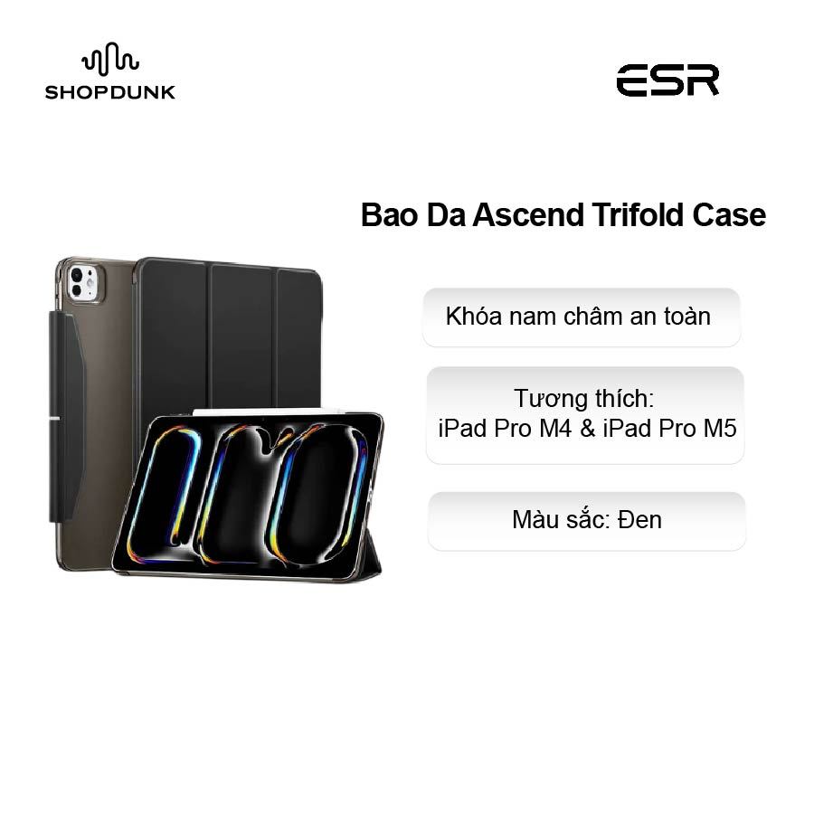 Bao Da Ascend Trifold Case ESR cho iPad Pro M4 & iPad Pro M5 - Màu đen