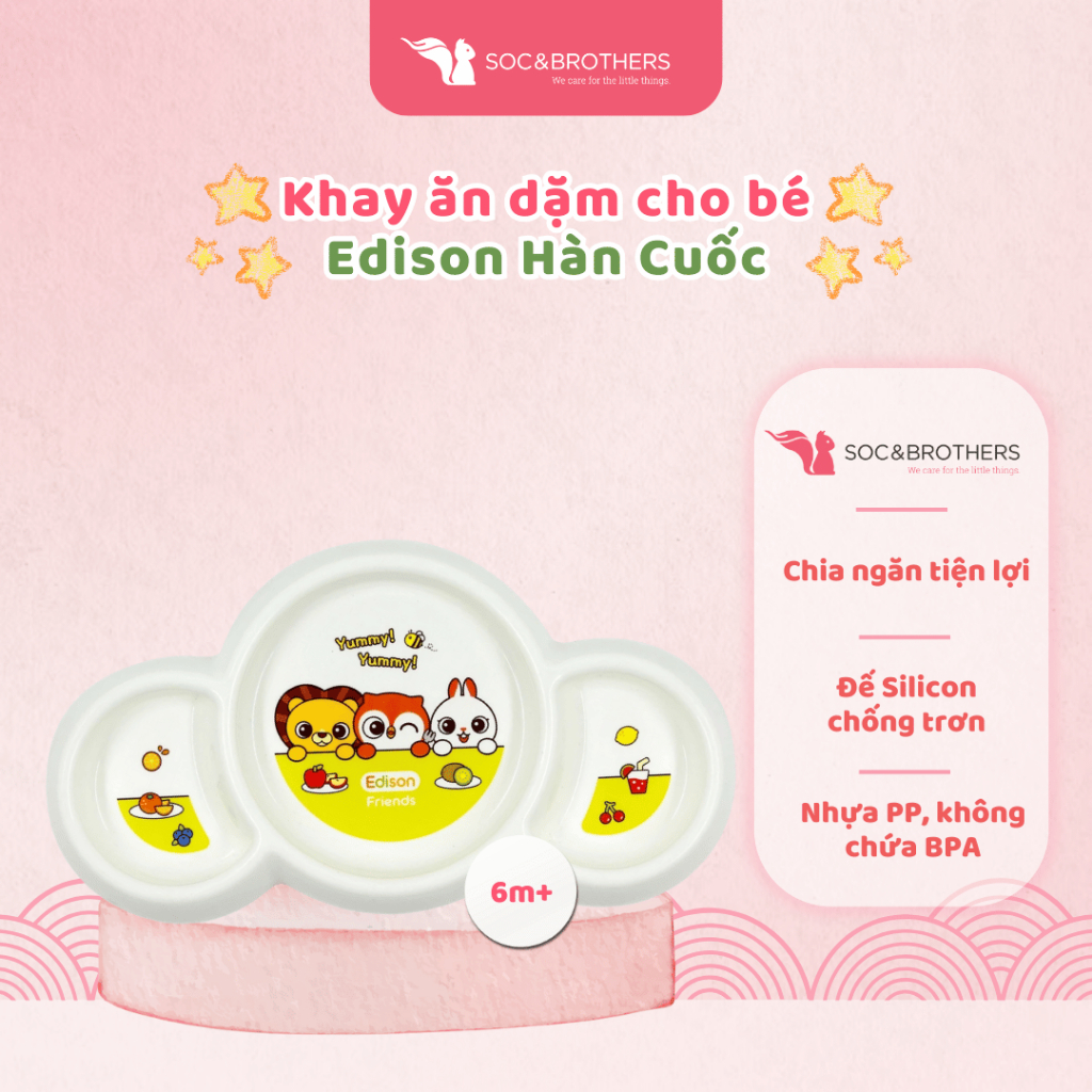 Khay ăn dặm 3 ngăn, 5 ngăn Edison Hàn Quốc có đế chống trơn cho bé - Soc&Brothers