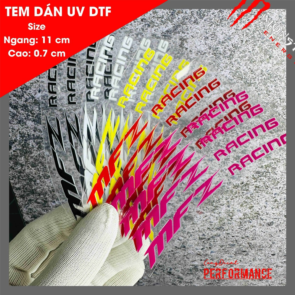 Tem dán chữ MFZ RACING có 5 màu (dán bánh mâm hay bánh căm điều đẹp) Chất liệu UV DTF