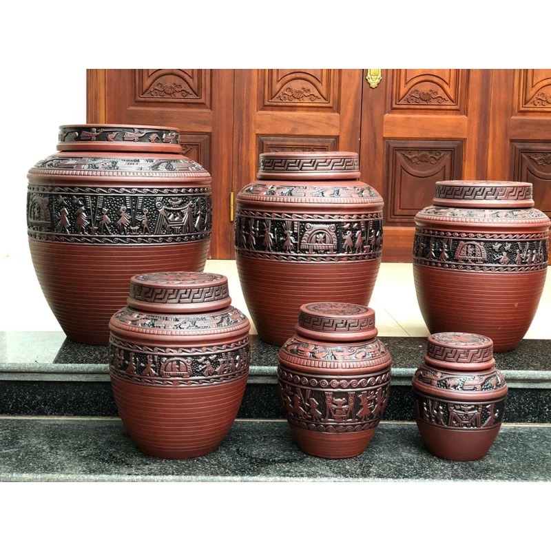 Chum sành ngâm rượu hoạ tiết trống đồng 2 NẮP dung tích 10L-20L-30L-50L