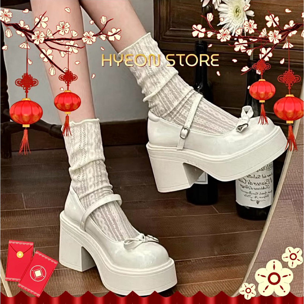 Giày mary jane nữ cao gót đế dày cao 7cm mũi tròn gắn nơ siêu xinh hottrend 2025 HYEON GD43 (LÙI 1 S