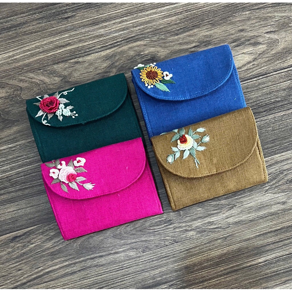 VÍ ngắn gấp gọn, ví cầm tay, ví đựng tờ tiền gấp đôi, ví vải linen, ví handmade, ví handmade thêu ta