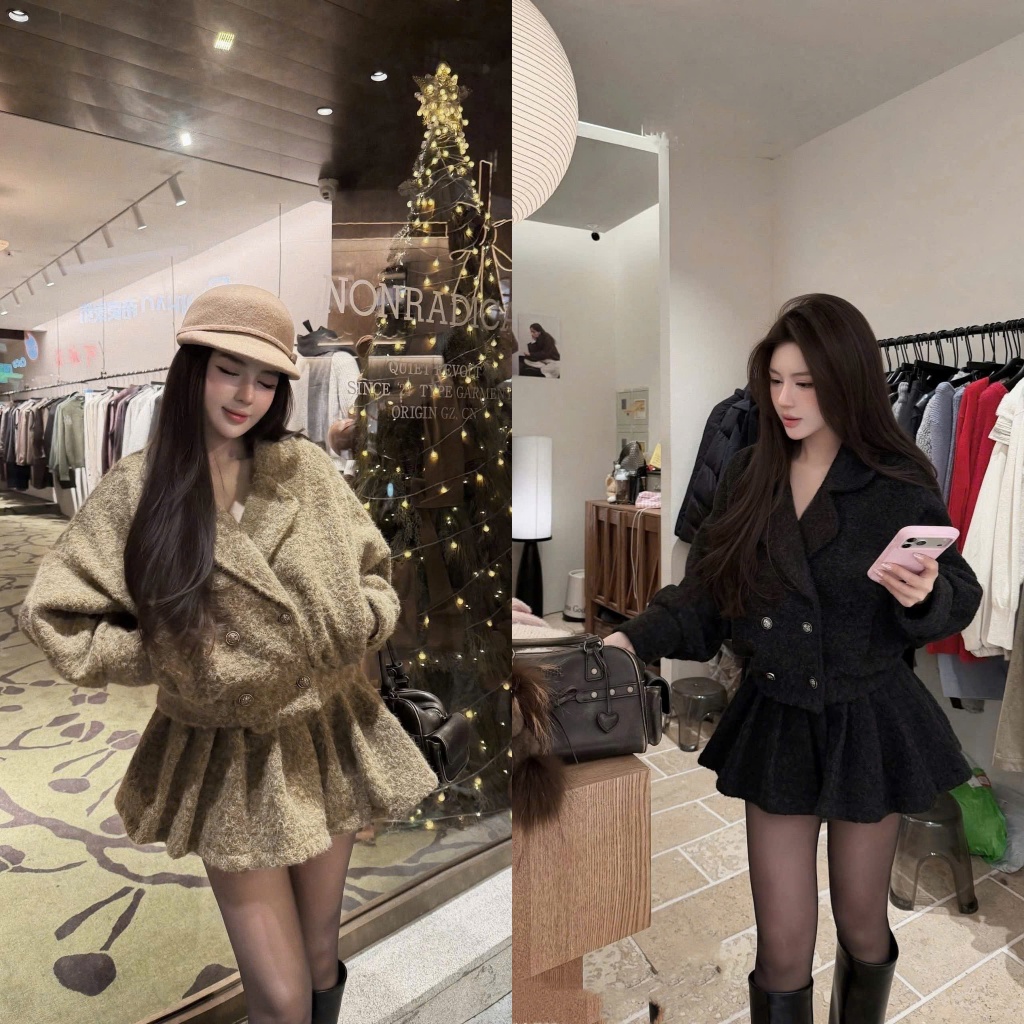 (Hot Hit): Set Dạ Lông Xù Cổ Vest Bom Eo Mix Chân Váy Xoè Baby Cute Chuẩn From Cực Xinh 2 Màu-Ảnh Th