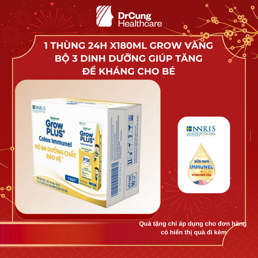 1 Thùng GROW VÀNG 24 Hộp 180ML Sữa Dinh Dưỡng Nutifood GrowPLUS+ Sữa Non Immunel - Tăng Đề Kháng (24 Hộp x 180ml)