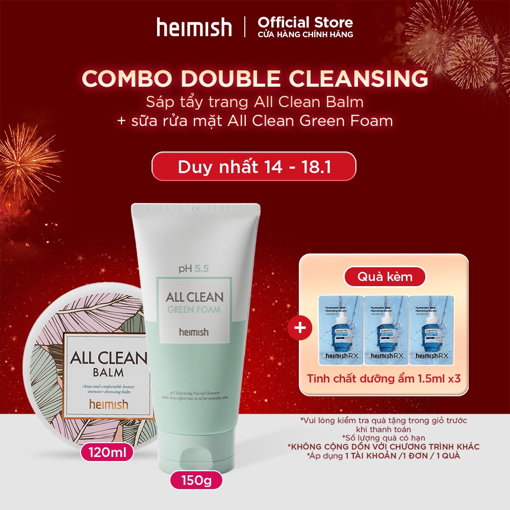 Combo Bộ đôi Double Cleansing heimish Sáp tẩy trang All Clean Balm và sữa rửa mặt All Clean Green Fo
