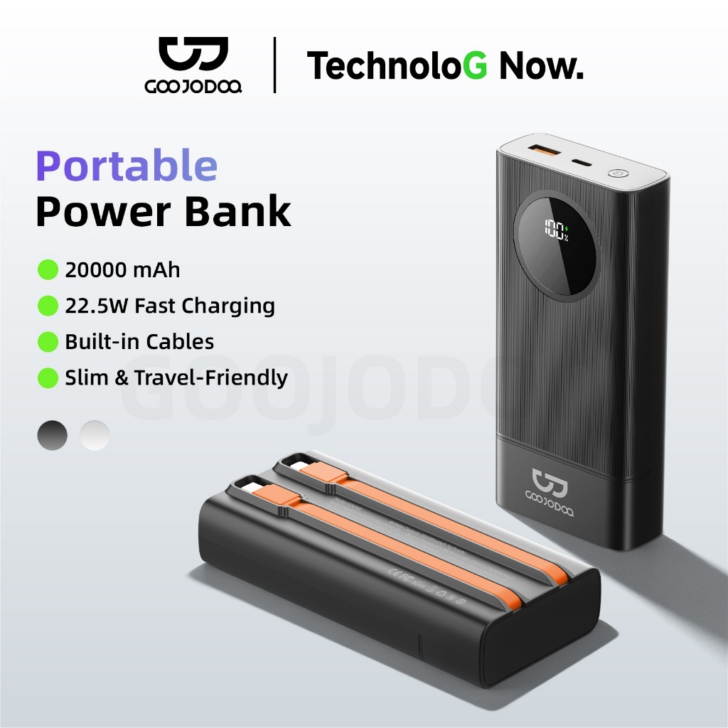 Sạc dự phòng Goojodoq 20000mAh, sạc nhanh 22.5W, cáp sạc tích hợp, màn hình LED hiển thị kỹ thuật số