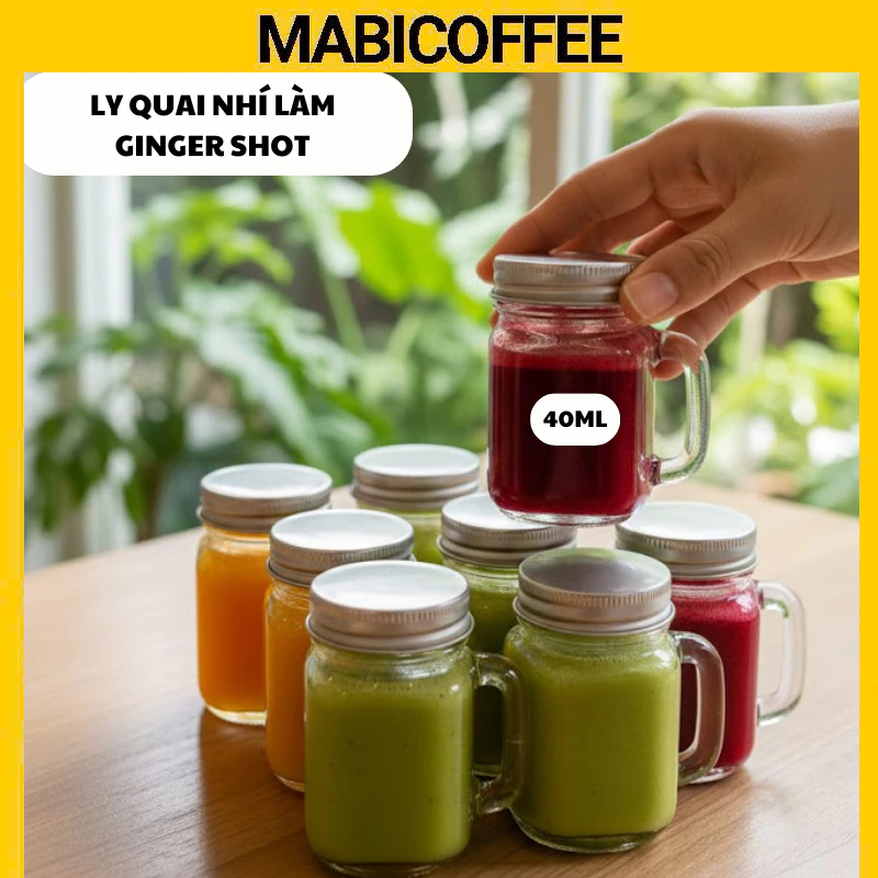 COMBO Ly thủy tinh Mini có quai kèm nắp 40ml chai đựng ginger shot, nước ép gừng, cafe, đồ uống, déc