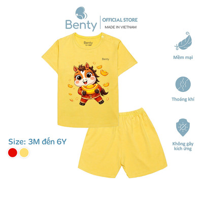 Bộ cộc tay cài vai BENTY vui Tết 2026 dễ thương an toàn cho làn da bé, đồ bộ trẻ em cao cấp