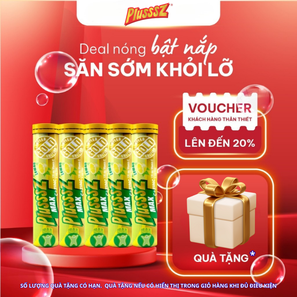 [COMBO 5 TUÝP x 20 VIÊN] Viên sủi Plusssz Max Vitamin C + kẽm vị Chanh không đường