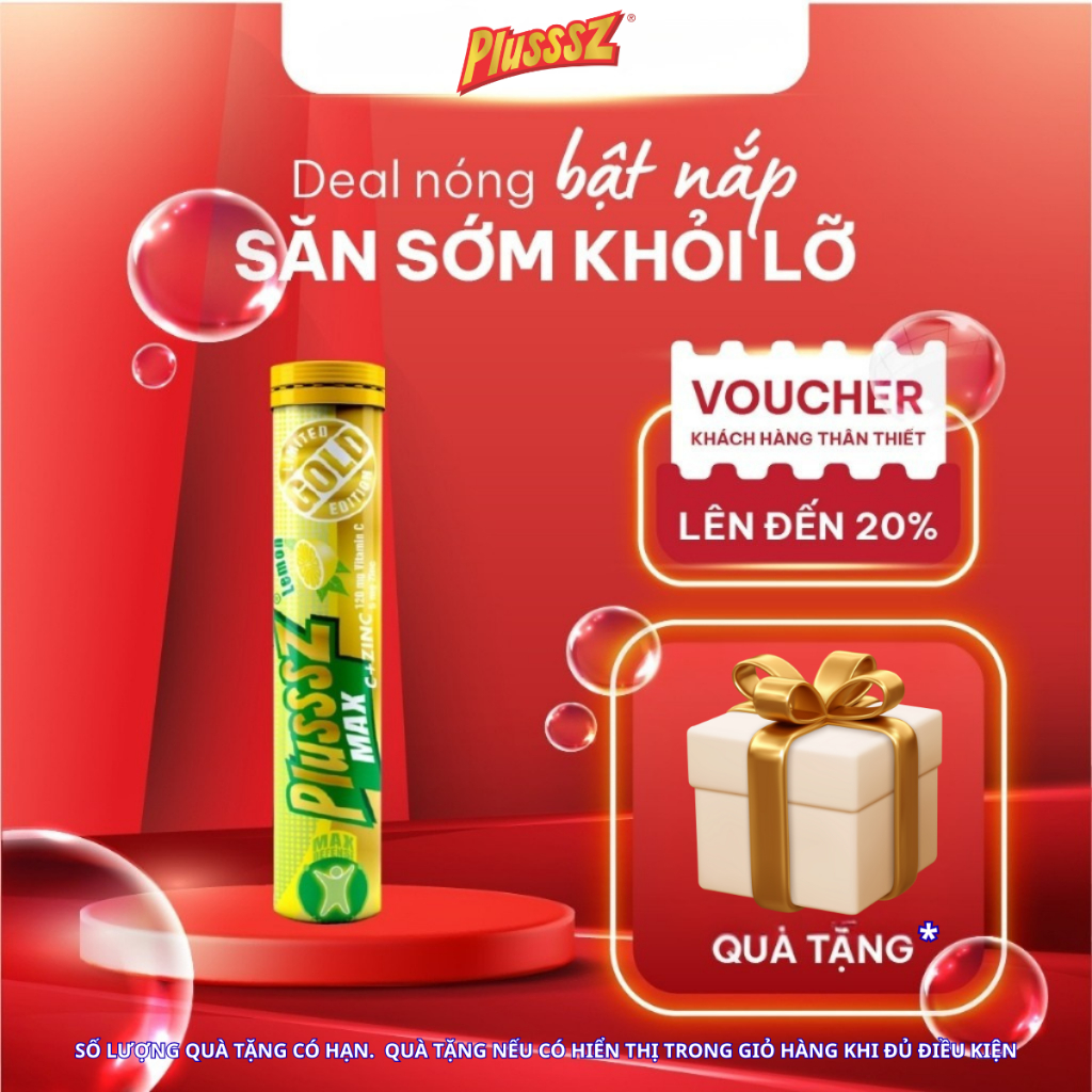 Viên sủi Plusssz Max Vitamin C & ZinC (Kẽm) vị chanh không đường tăng đề kháng