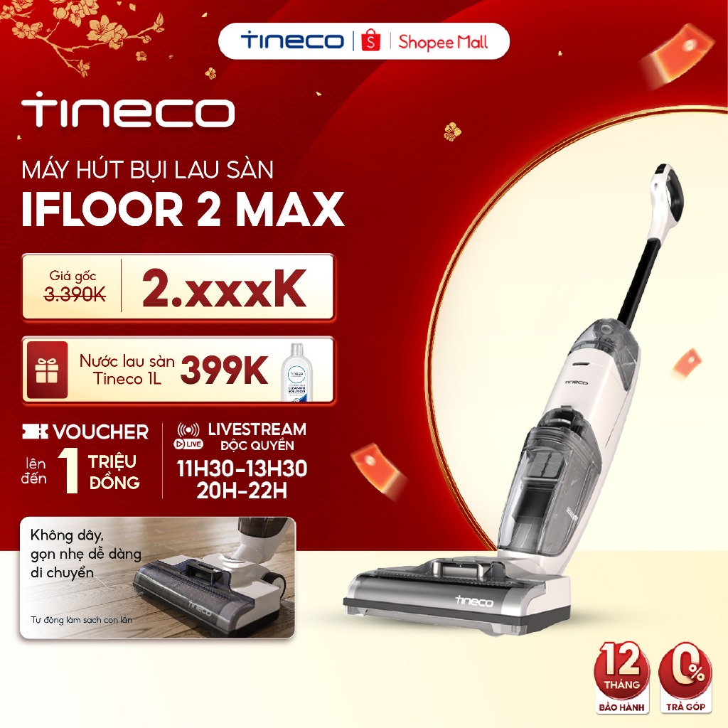[Livestream KOL] Máy hút bụi lau sàn Tineco Ifloor 2 max - Bản Quốc tế - Bảo hành 12 tháng - Giặt sấ