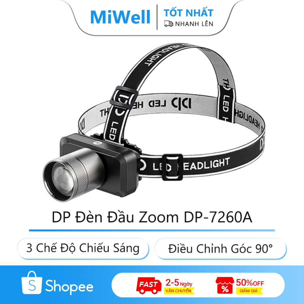 DP Đèn Đầu Zoom 20W DP-7260A Điều Chỉnh Góc 90° 4 Mức Hiển Thị Pin 3 Chế Độ Chiếu Sáng Pin 2200mAh