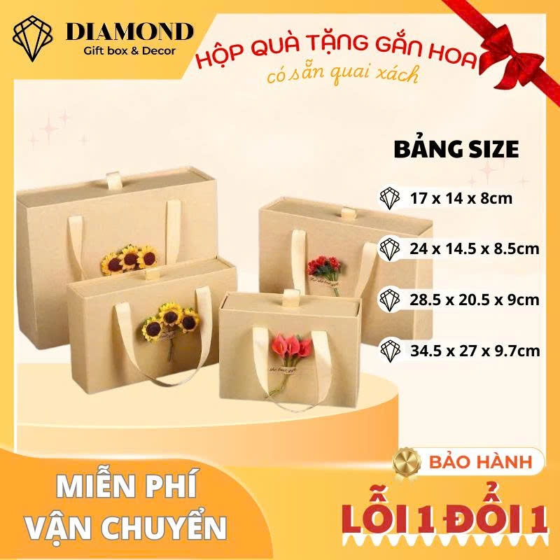 Hộp Quà Tặng Có Sẵn Quai Xách, Hộp Đựng Quà Màu Nâu Gắn Hoa Khô Sang Trọng, Cao Cấp Tặng Người Yêu,...Có Nhiều Size
