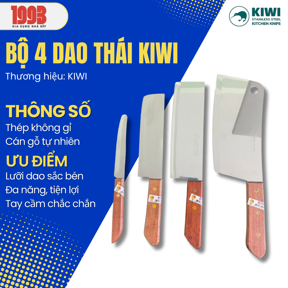 Bộ dao thái kiwi 4 món cán gỗ, dao thái lan làm bếp siêu sắc bén tiện dụng - Gia Dụng Nhà Bếp 1933