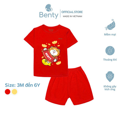 Bộ cộc tay cài vai BENTY cho bé vui Tết mềm mịn mát, đồ bộ trẻ em chính hãng bé trai bé gái