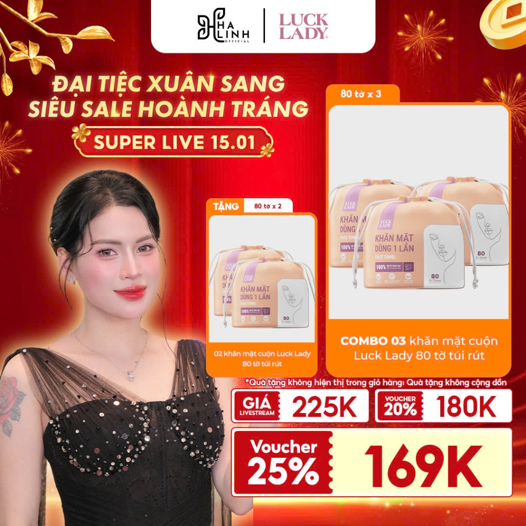 [VÕ HÀ LINH X LUCK LADY]COMBO 3 Khăn mặt dùng một lần Luck Lady 80 tờ túi rút tròn Tặng 2 cuộn cùng 