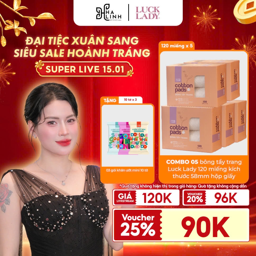 [VÕ HÀ LINH X LUCK LADY]  COMBO 5 Hộp Bông tẩy trang Luck Lady 120 miếng/hộp TẶNG 3 gói khăn ướt min