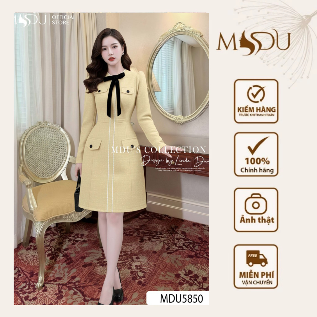 Váy Thiết Kế MDU5850 Dạ Tweed Kim Sa Cao Cấp Dáng Trên Gối Cổ Tròn Tay Dài Đính Nơ Nhung Đen Thanh L