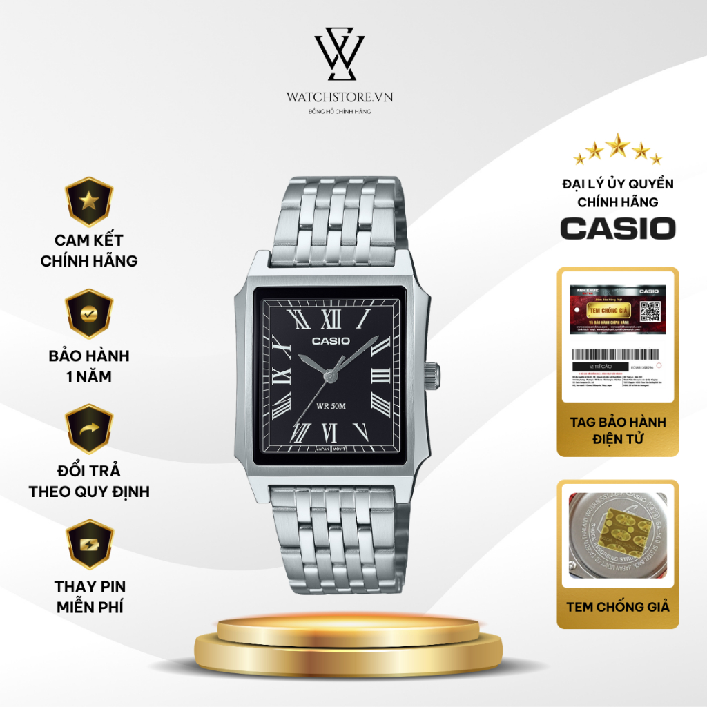 Đồng Hồ Casio Nam MTP-B190D-1BVDF Dáng Tank Mặt Kính Khoáng 41x31.5mm Chống Nước Chính Hãng