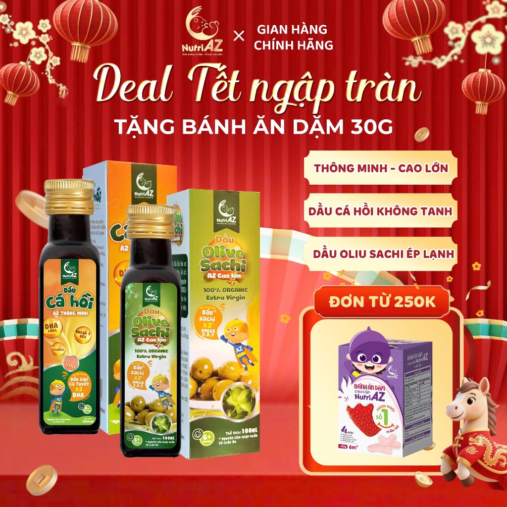 Dầu Ăn Dặm Cho Bé NutriAZ - Set Dầu Cá Hồi, Oliu Sachi,Chiên Xào 5 Hạt Quý NutriAZ Thông Minh Cao Lớn Cho Bé Từ 6 Tháng