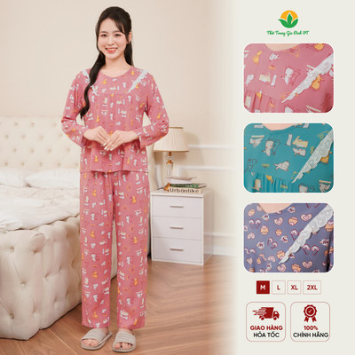 Bộ mặc nhà nữ chất Lanh , quần dài , áo dài tay cổ phối ren thời trang Việt Thắng - B10.2407