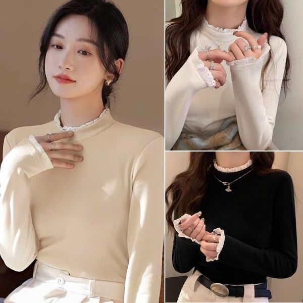 Áo giữ nhiệt nữ phối ren điệu đà áo thun nữ cổ tròn dài tay nhiều màu basic phong cách Hàn Quốc A444 PANOSI