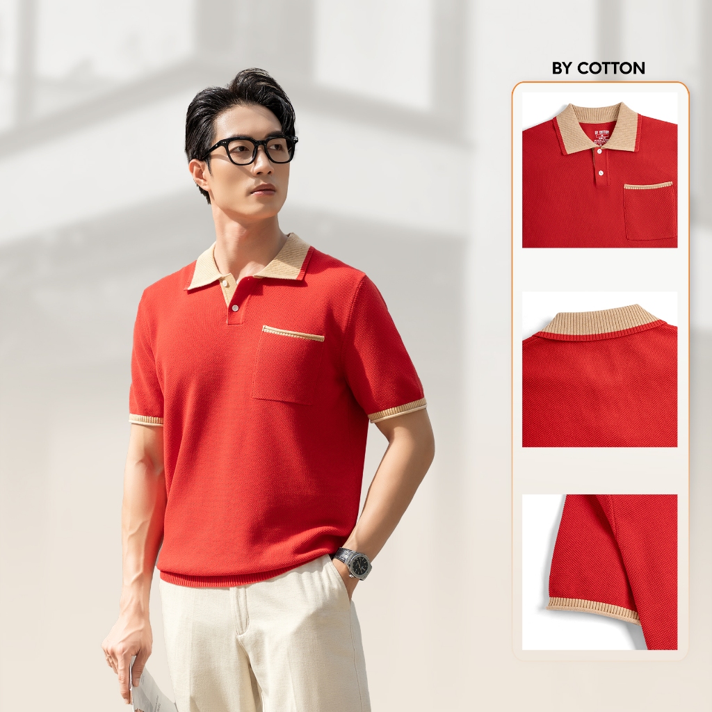 [ NEW ] Áo Polo Nam Cao Cấp Dệt Kim By Cotton Melange Phối Bo Đỏ Tươi - BY COTTON