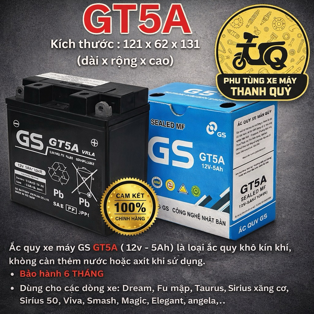 Bình Ắc Quy xe máy khô miễn bảo dưỡng GS GT5A(12V-5Ah)