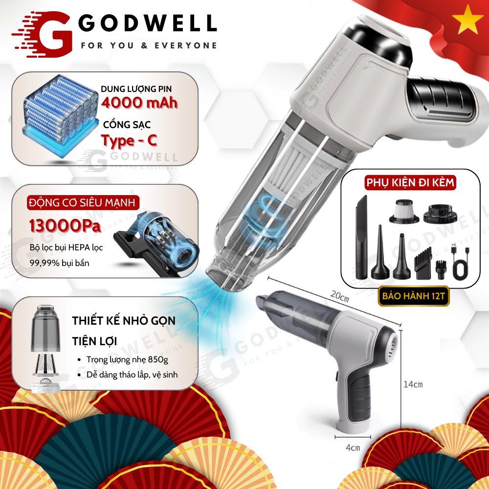 Máy Hút Bụi Mini Cầm Tay Không Dây GODWELL Đa Chức Năng, Hút Bụi Xe Hơi, Hút và Thổi Bụi Sạc Type C