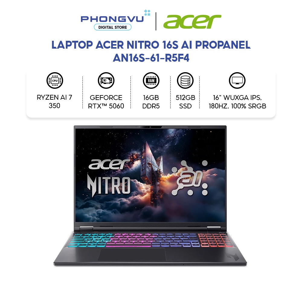 Laptop Gaming Acer Nitro ProPanel AN16S-61-R5F4 (Ryzen AI 7 350/ GeForce RTX™ 5060/ 16GB/ 512GB)