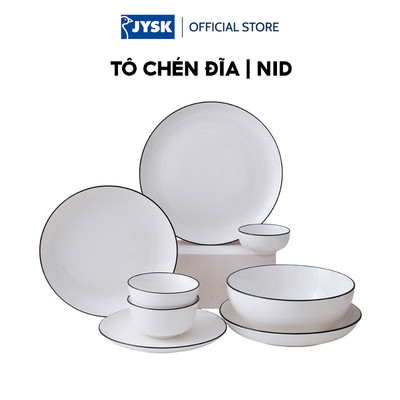 Tô chén đĩa | JYSK nID | sứ trắng bóng viền đen | nhiều kích thước