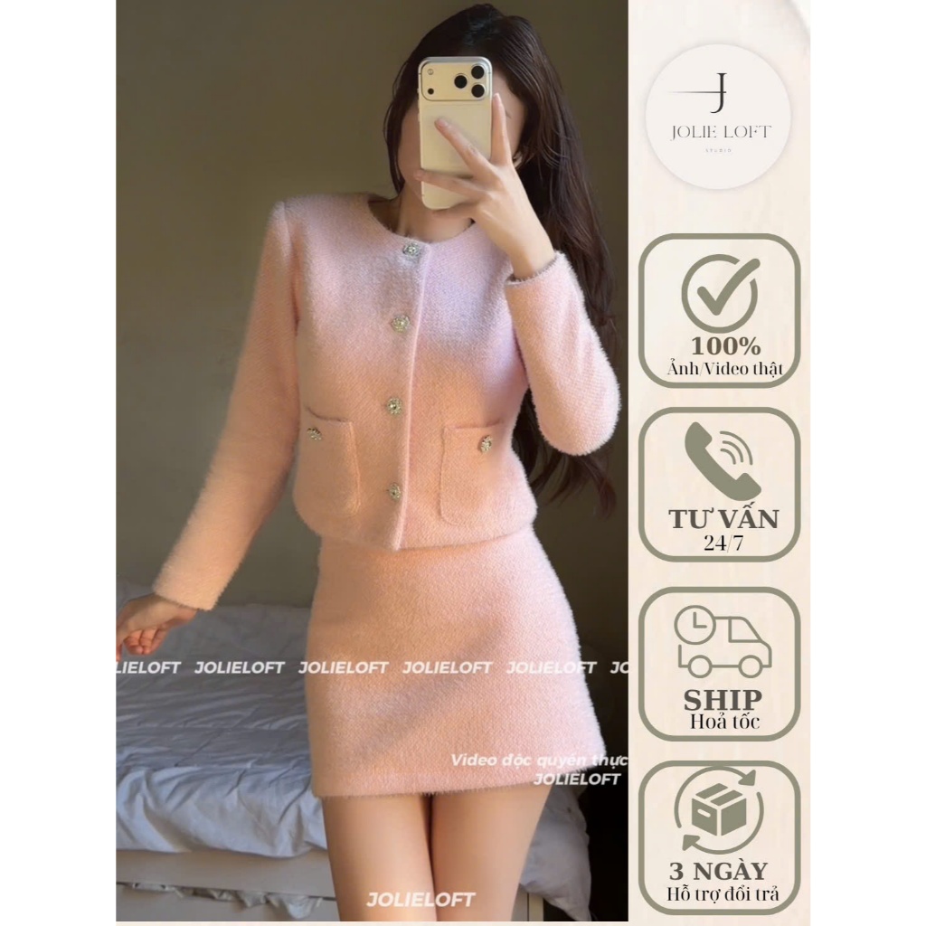 Set váy lông thỏ hồng thiết kế Ginny Set JOLIE LOFT, đầm dáng ngắn sang trọng đi chơi