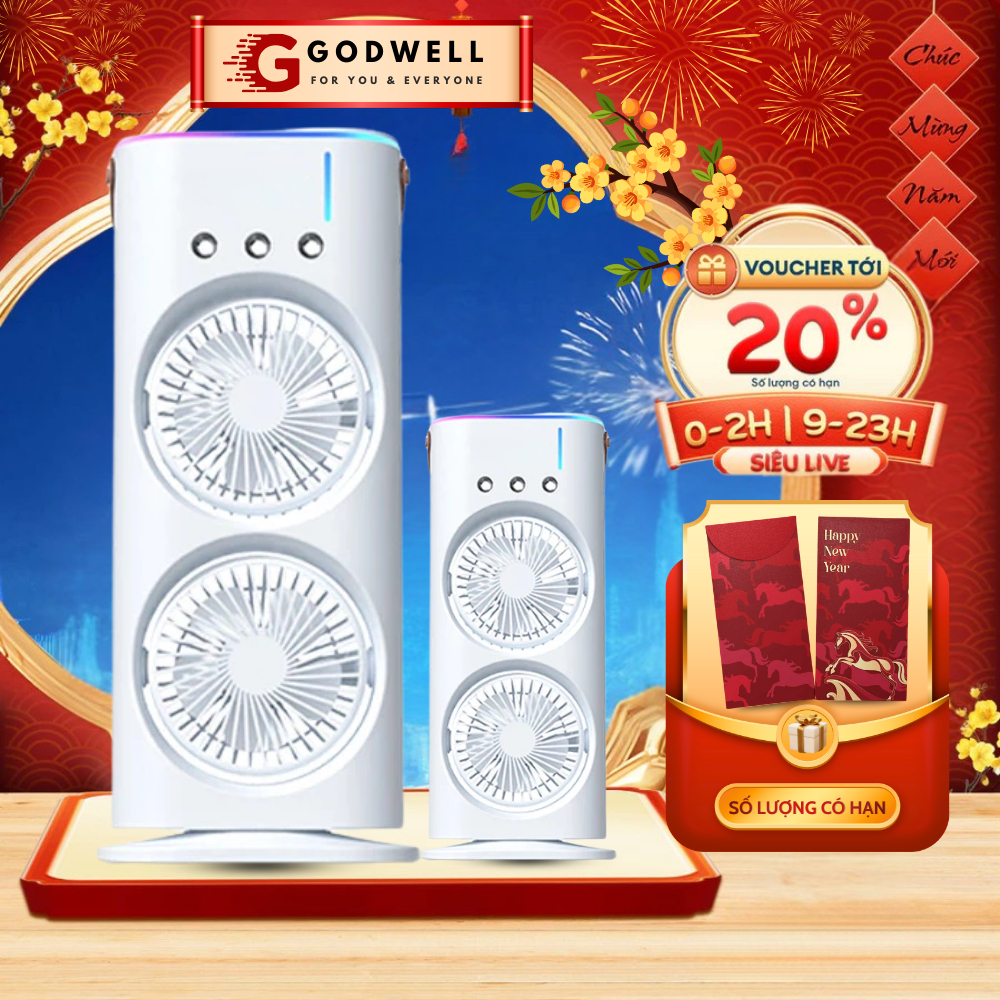 Quạt Điều Hòa Tích Điện GODWELL A3 Plus, Phun Sương, Đèn Led, 2 Tầng, Làm Mát Bằng Hơi Nước