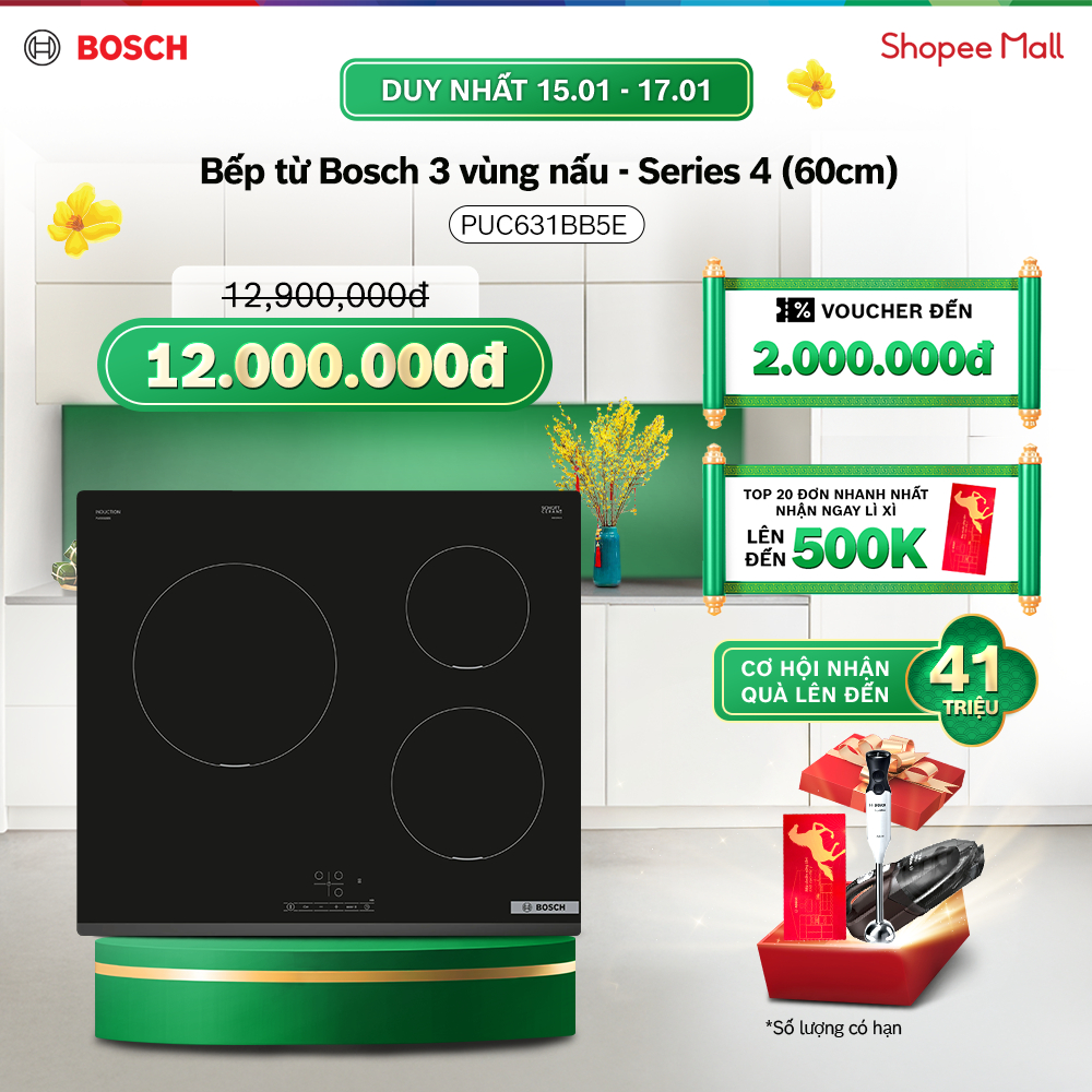 [15-17.01] Voucher Shopee đến 3TR| Bếp từ Bosch 3 vùng nấu PUC631BB5E - Series 4 (60cm) - Hàng chính
