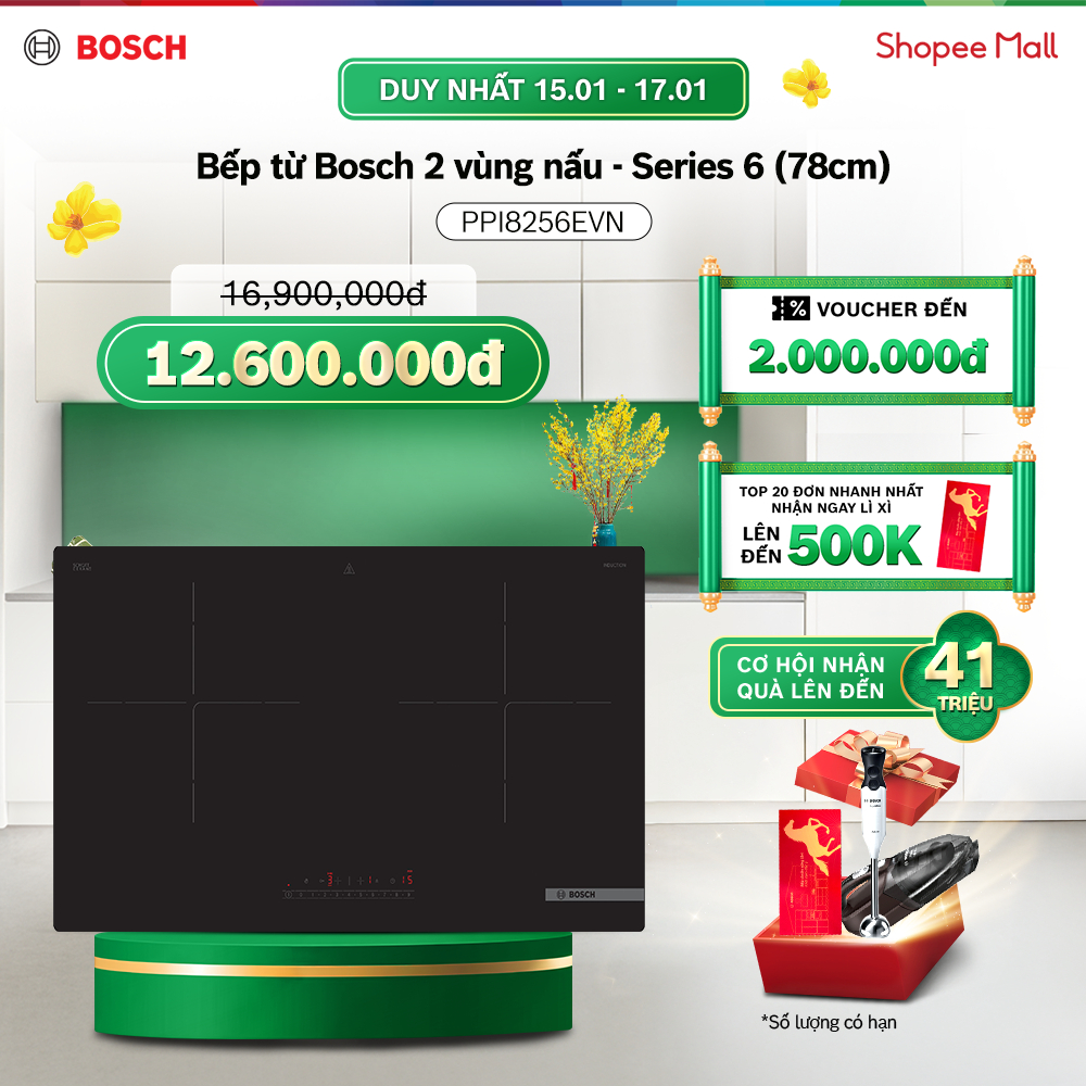 [15-17.01] Voucher Shopee đến 3TR| Bếp từ Bosch 2 vùng nấu PPI8256EVN - Series 6 (78cm) - Hàng chính