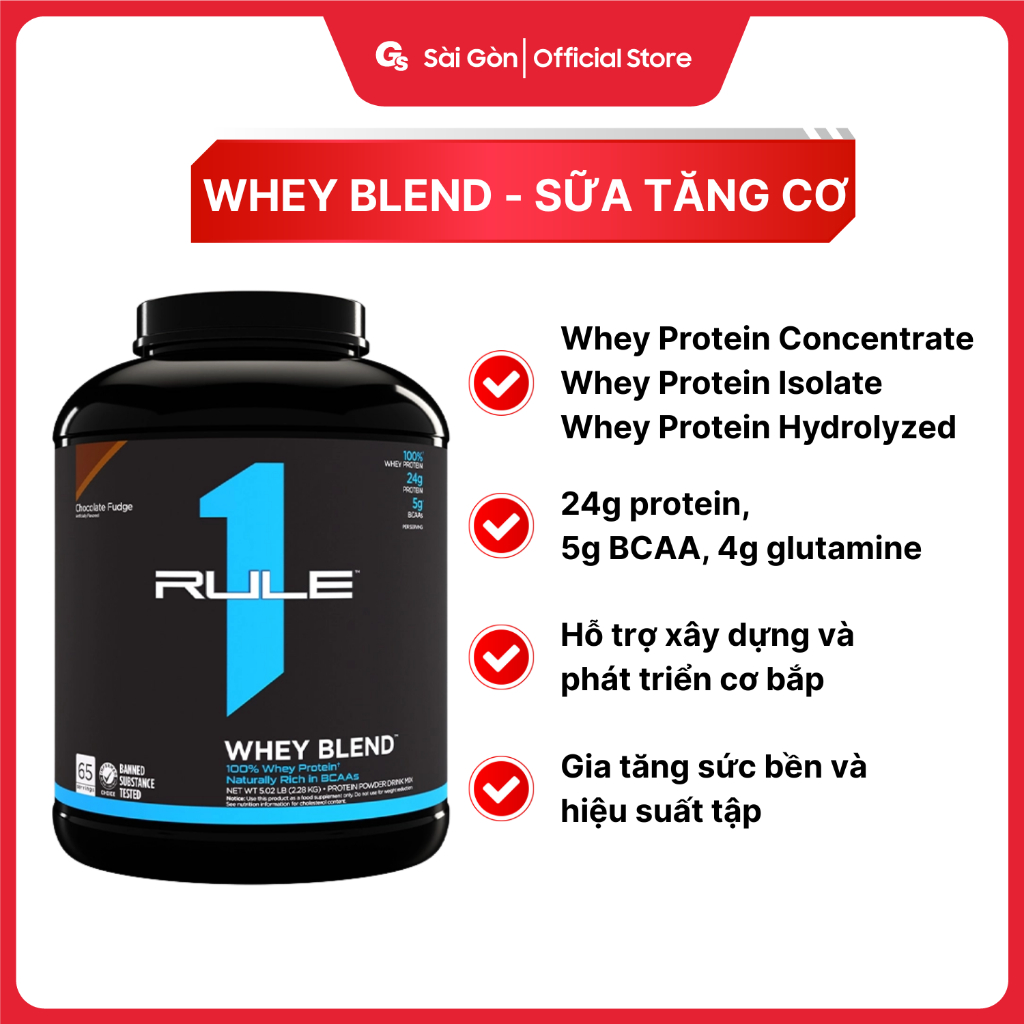 Sữa tăng cơ Whey Protein, Rule1 Whey Blend, không Gluten, phục hồi, tăng cơ vượt trội - Gymstore