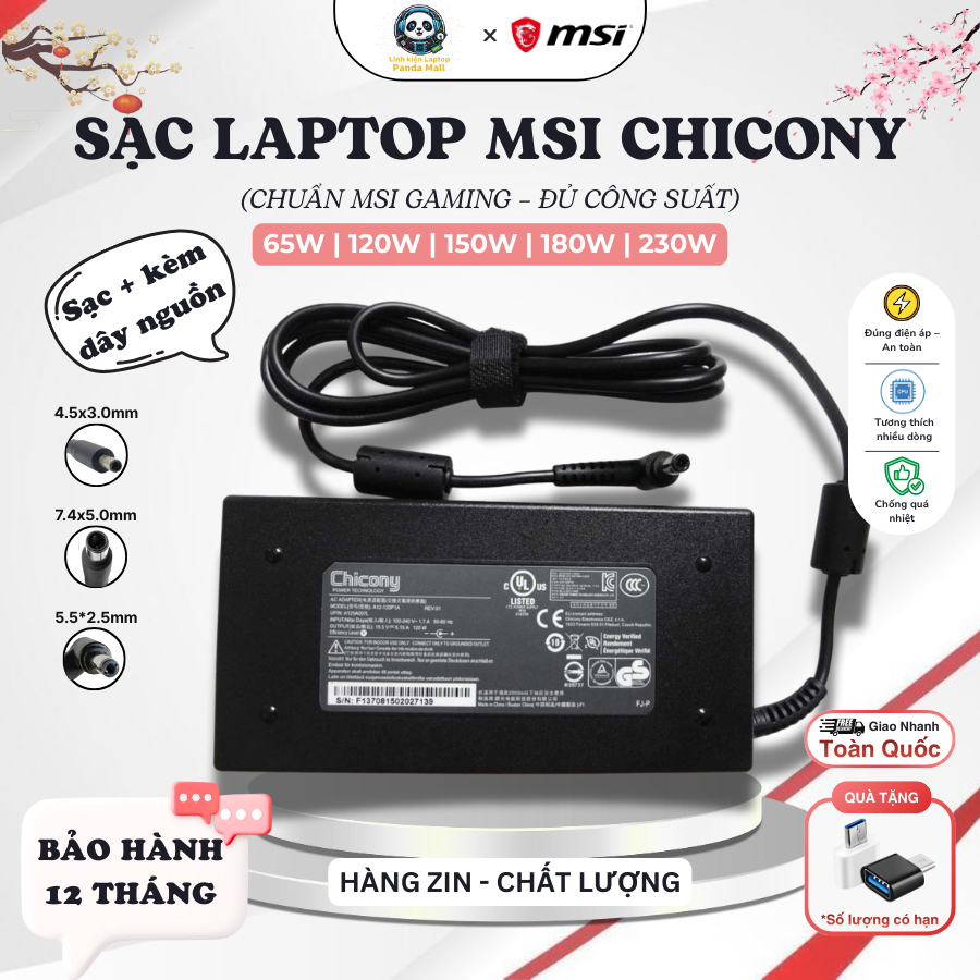 Sạc Laptop MSI Gaming GF63 GF65 GF75 Thin 10SC 11SC, Gaming MSI GL63 GL65 GL73 GL75 120W 150W 180W