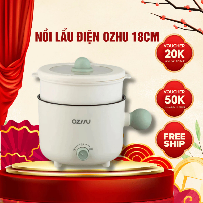 Nồi Lẩu Điện Mini OZHU 18cm 2 Nấc Nhiệt Kèm Giá Hấp Có Tay Cầm Tiện Dụng, Nồi Lẩu Mini Đa Năng