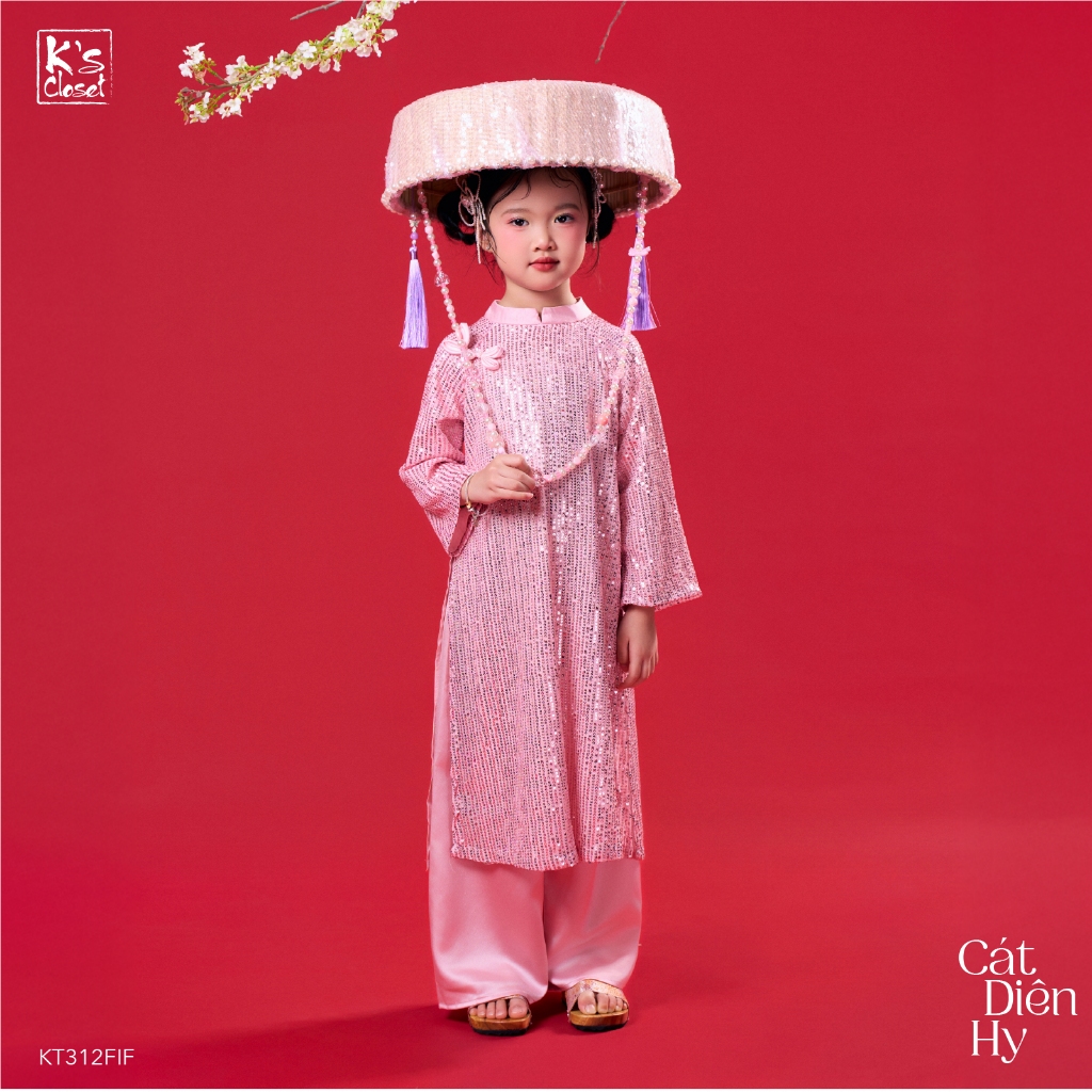 Áo Dài Tết K'S CLOSET Có Kèm Quần, Đính Kim Sa Quần Lụa Dành Cho Bé Gái Từ 12-54kg (2-14 Tuổi) KT326