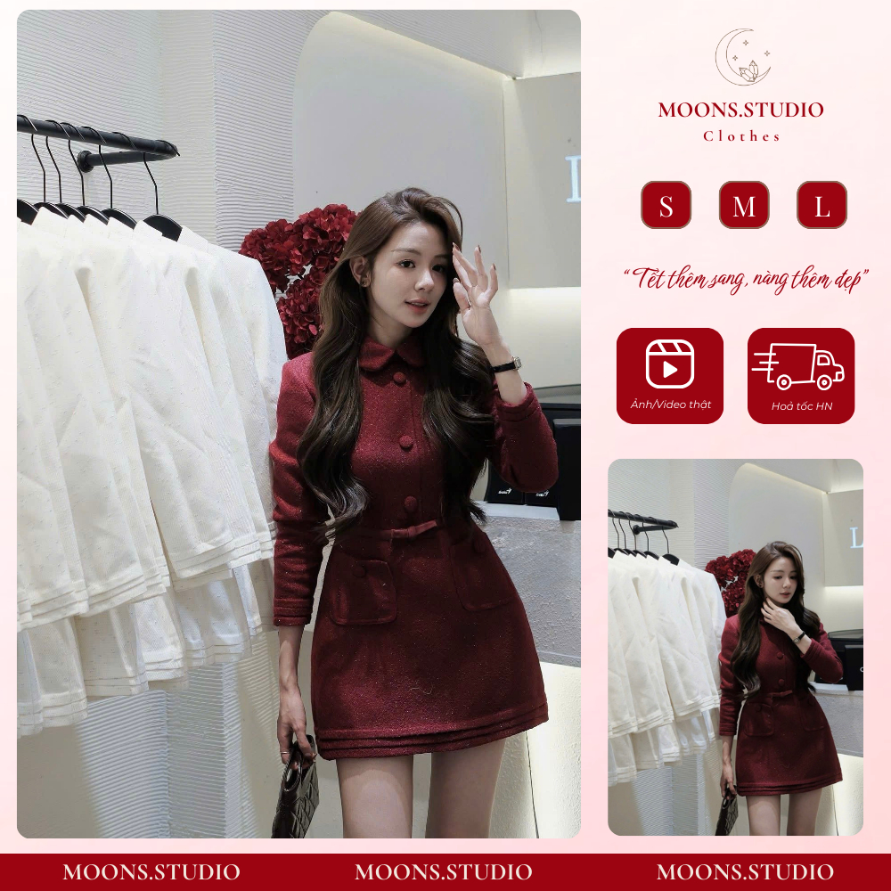 Váy Dạ Ánh Nhũ Cúc Bọc Cao Cấp Moons.Studio – Có Lót Trong, Vibe Tiểu Thư Sang Trọng