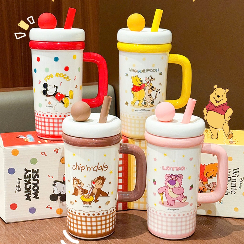 Ly sứ , cốc sứ , ly sứ tay cầm DISNEY Ly Nắp kèm ống hút dung tich 800ml Ly quà tặng - Sh Gốm sứ