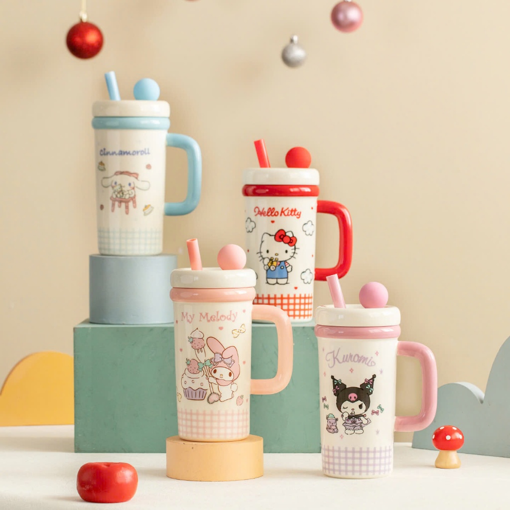 Ly sứ , cốc sứ , ly sứ tay cầm SANRIO Ly Nắp kèm ống hút dung tich 800ml Ly quà tặng - Sh Gốm sứ