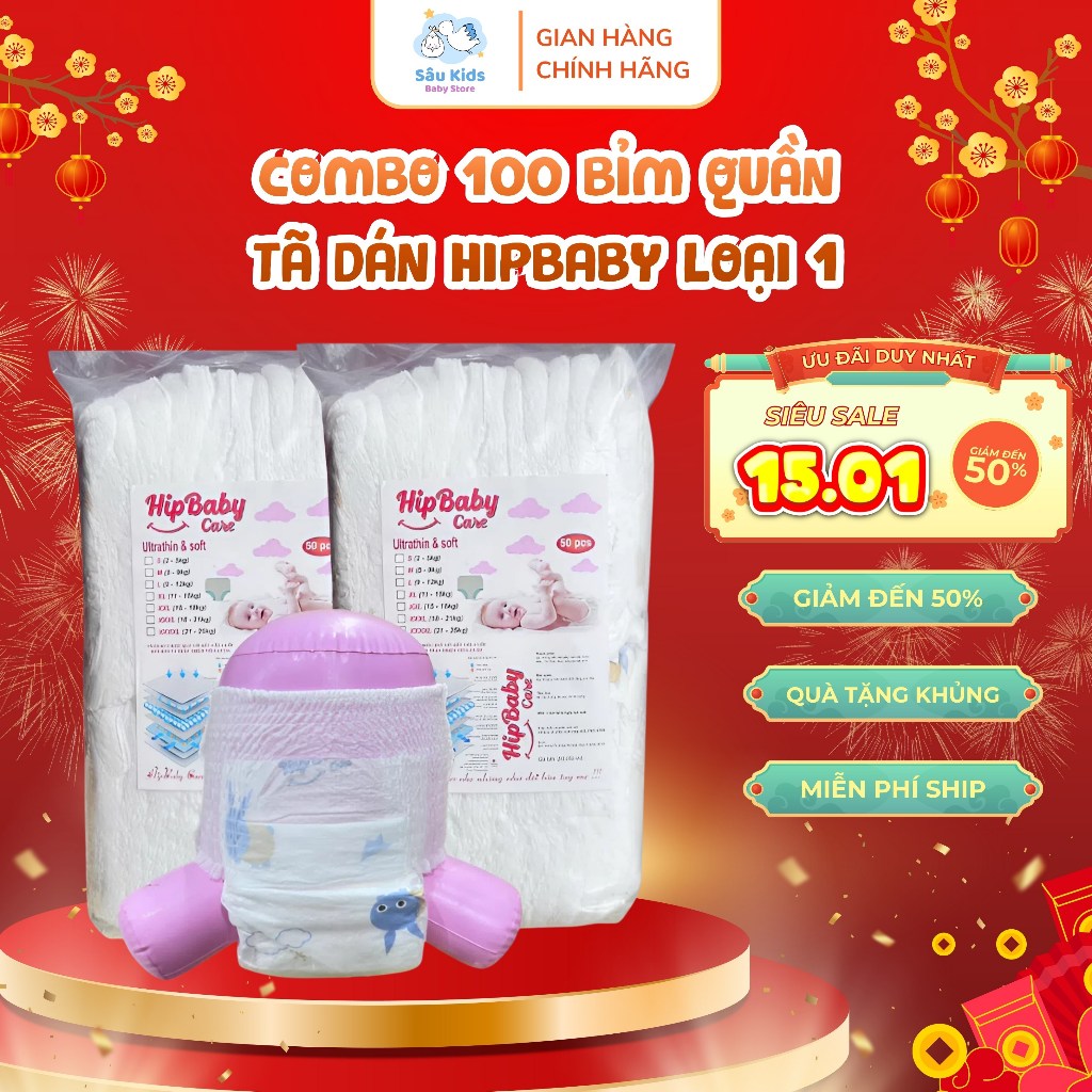 Combo 100 Miếng Tã/Bỉm Quần – Tã Dán Hipbaby Loại 1 Phiên Bản Nâng Cấp Cho Bé Yêu