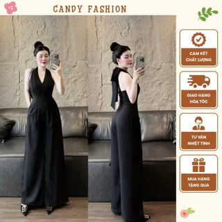 Jumpsuit ống rộng cổ yếm cúp ngực nơ lưng dáng dài nữ mặc đi chơi dạo phố tôn dáng che khuyết điểm
