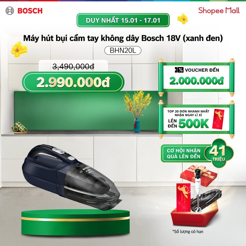[15-17.01] Voucher Shopee đến 3TR| Máy hút bụi cầm tay không dây Bosch BHN20L 18V (xanh đen) - Hàng 