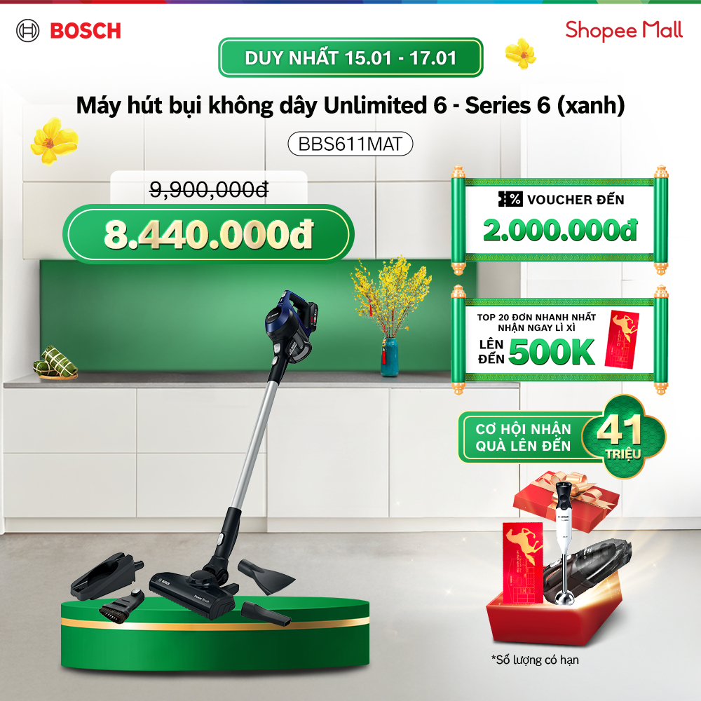 [15-17.01] Voucher Shopee đến 3TR| Máy hút bụi không dây Bosch Unlimited 6 BBS611MAT - Series 6 (màu