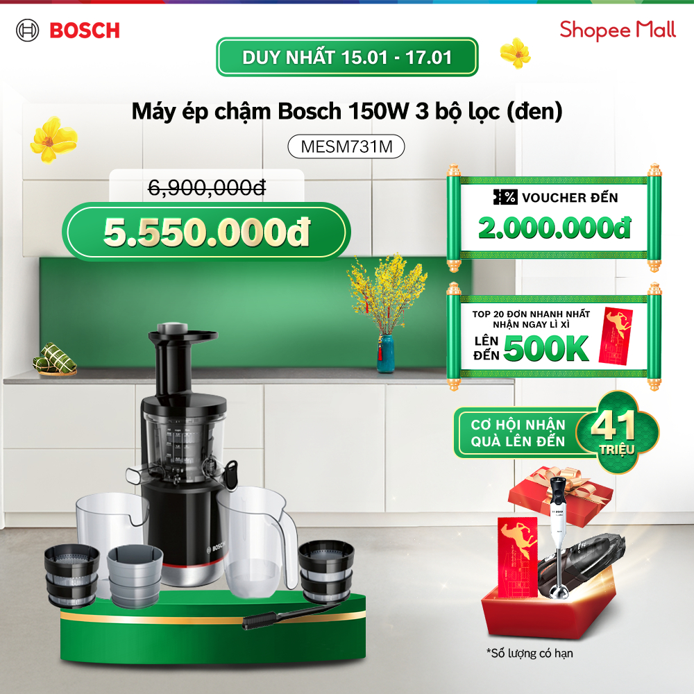 [15-17.01] Voucher Shopee đến 3TR| Máy ép chậm Bosch MESM731M 150W 3 bộ lọc (đen) - Hàng chính hãng